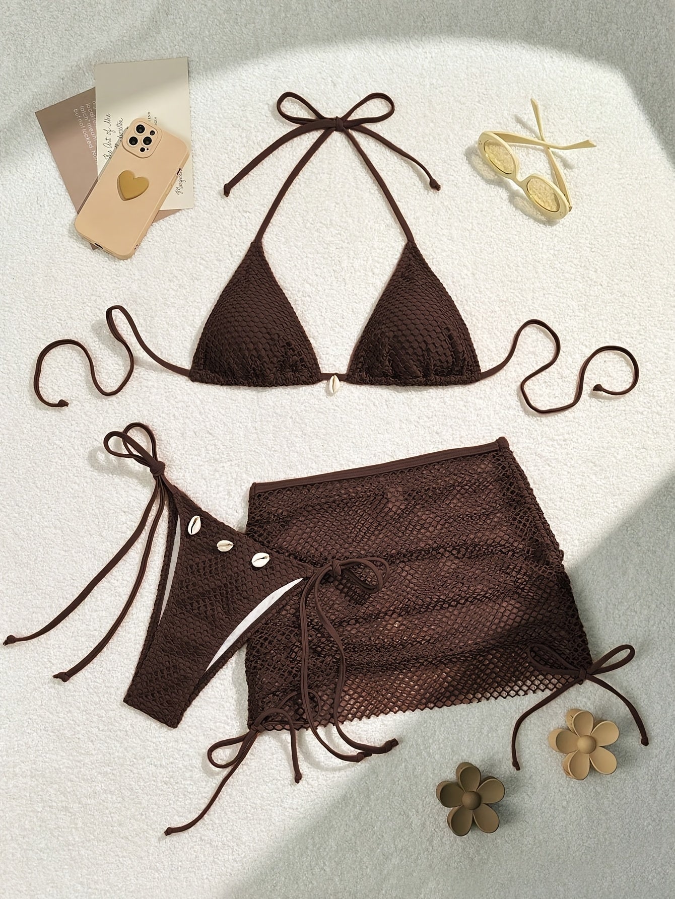 Solid Color Mesh 3pcs Bikini Set, Shell Ornaments, Triangle Tie Neck, Semi-Transparent Hip Skirt, Sexy and High Elasticity, Suitable for Beach Vacation!